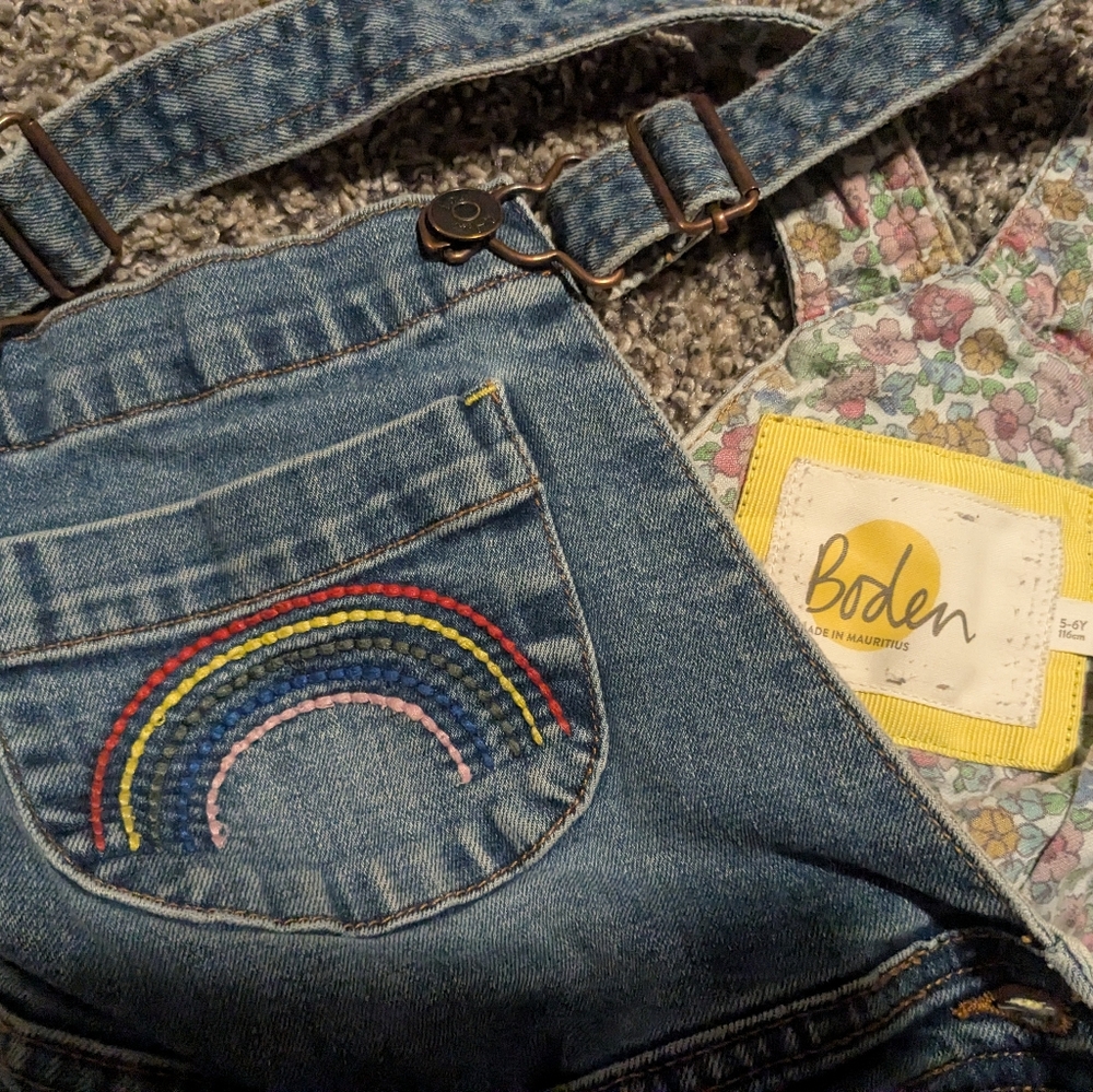 Boden Kids Denim Overalls with Rainbow Stitching 5-6years, 116cm